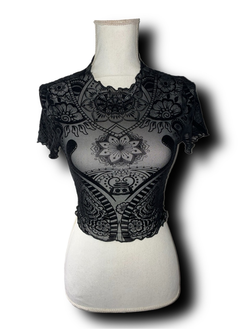 Mandala and Paisley Print Sheer Lettuce Hem Cropped Top Whimsigoth Vibes - Picture 1 of 4